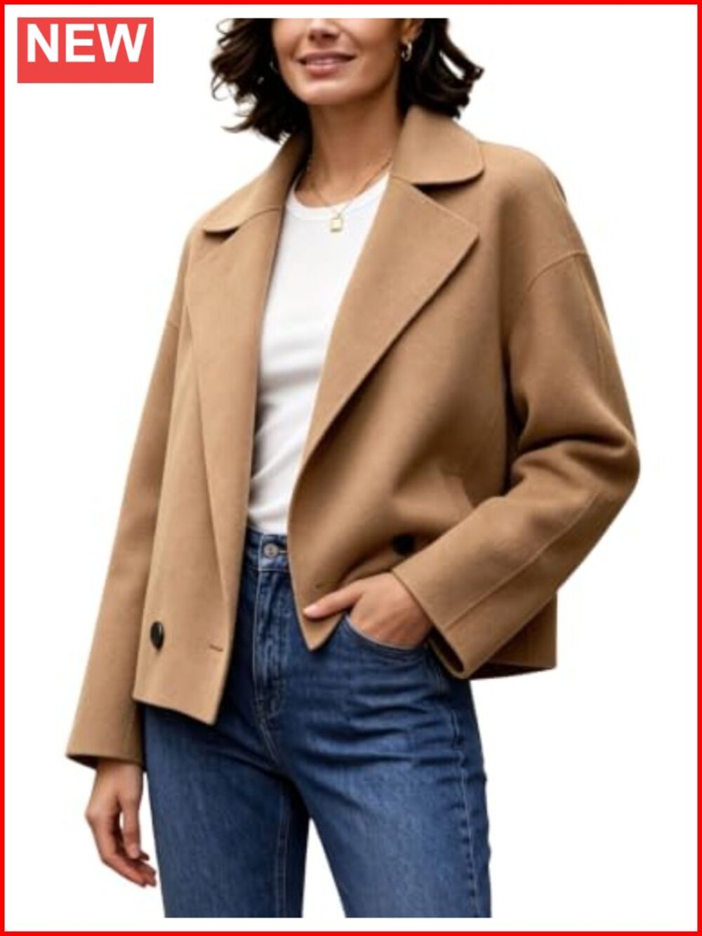 Womens Wool Blend Pea Coat Lapel Double Breasted Short Jacket